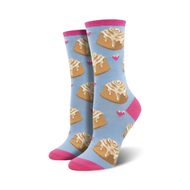 light blue women's crew socks with all-over cartoon cinnamon roll pattern and pink top.   