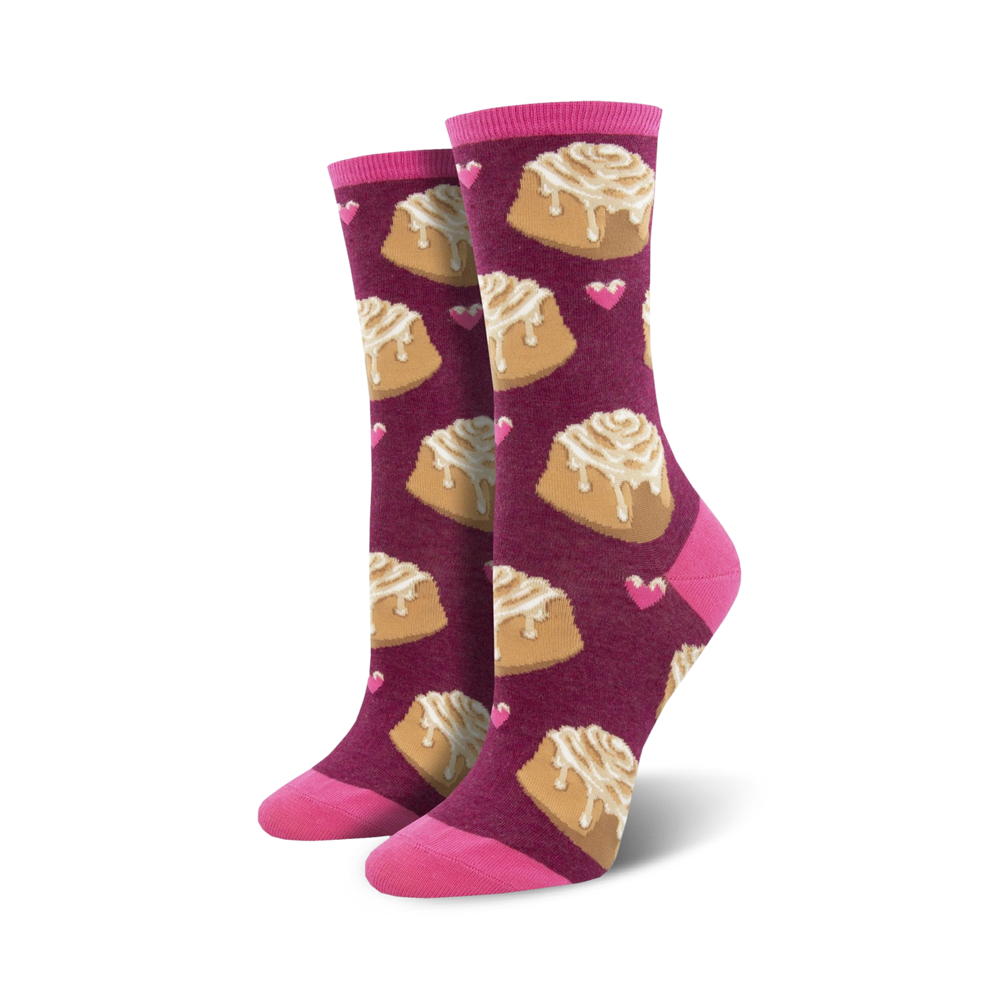 Lifestyle shot showing the Lovely Buns socks in burgundy with cinnamon rolls and pink hearts on a woman's feet.