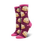 Lifestyle shot showing the Lovely Buns socks in burgundy with cinnamon rolls and pink hearts on a woman's feet.