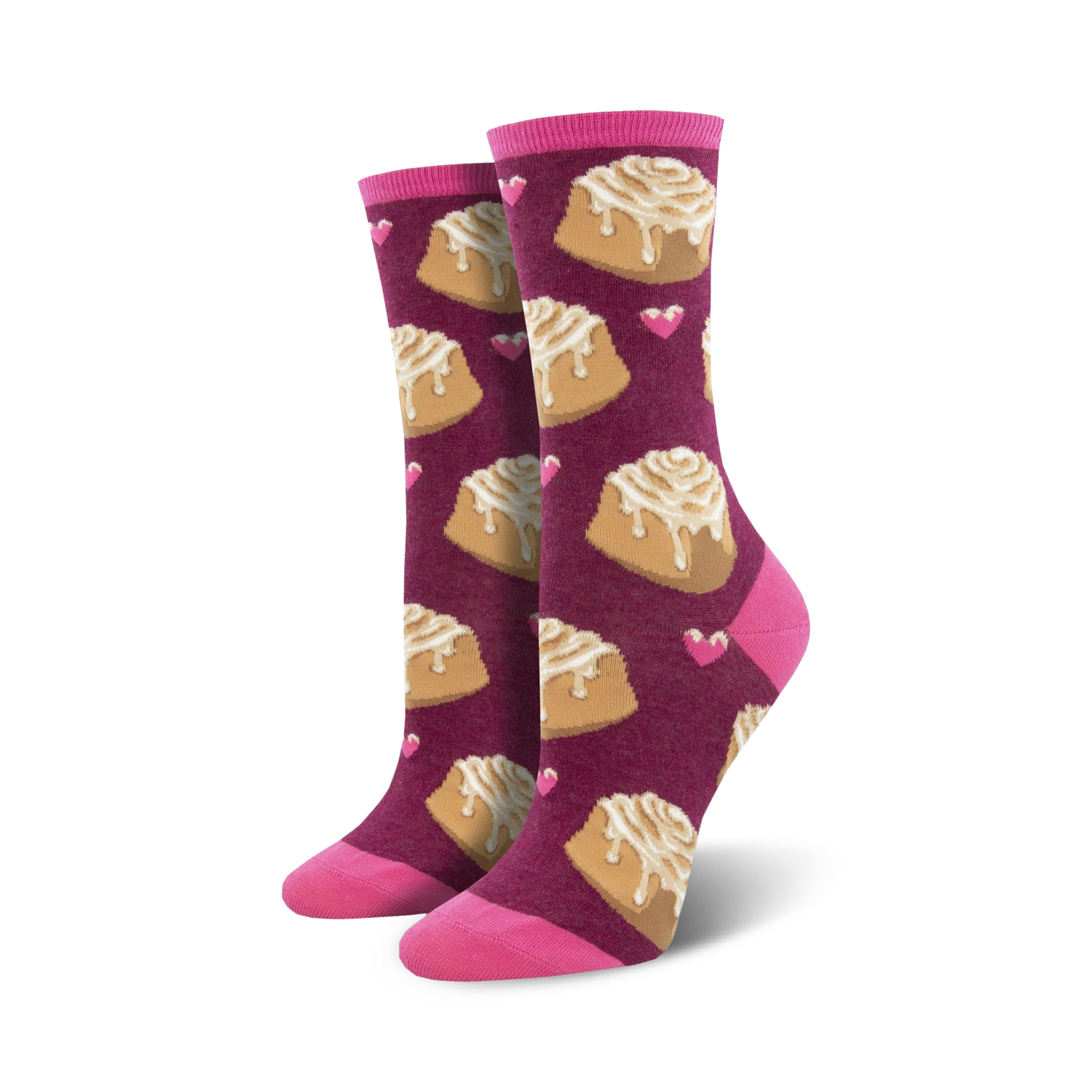 Lifestyle shot showing the Lovely Buns socks in burgundy with cinnamon rolls and pink hearts on a woman's feet.