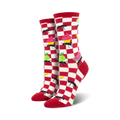 A pair of women's crew socks in red and white checkered pattern.  Features ants, cupcakes, apples, and watermelon.
