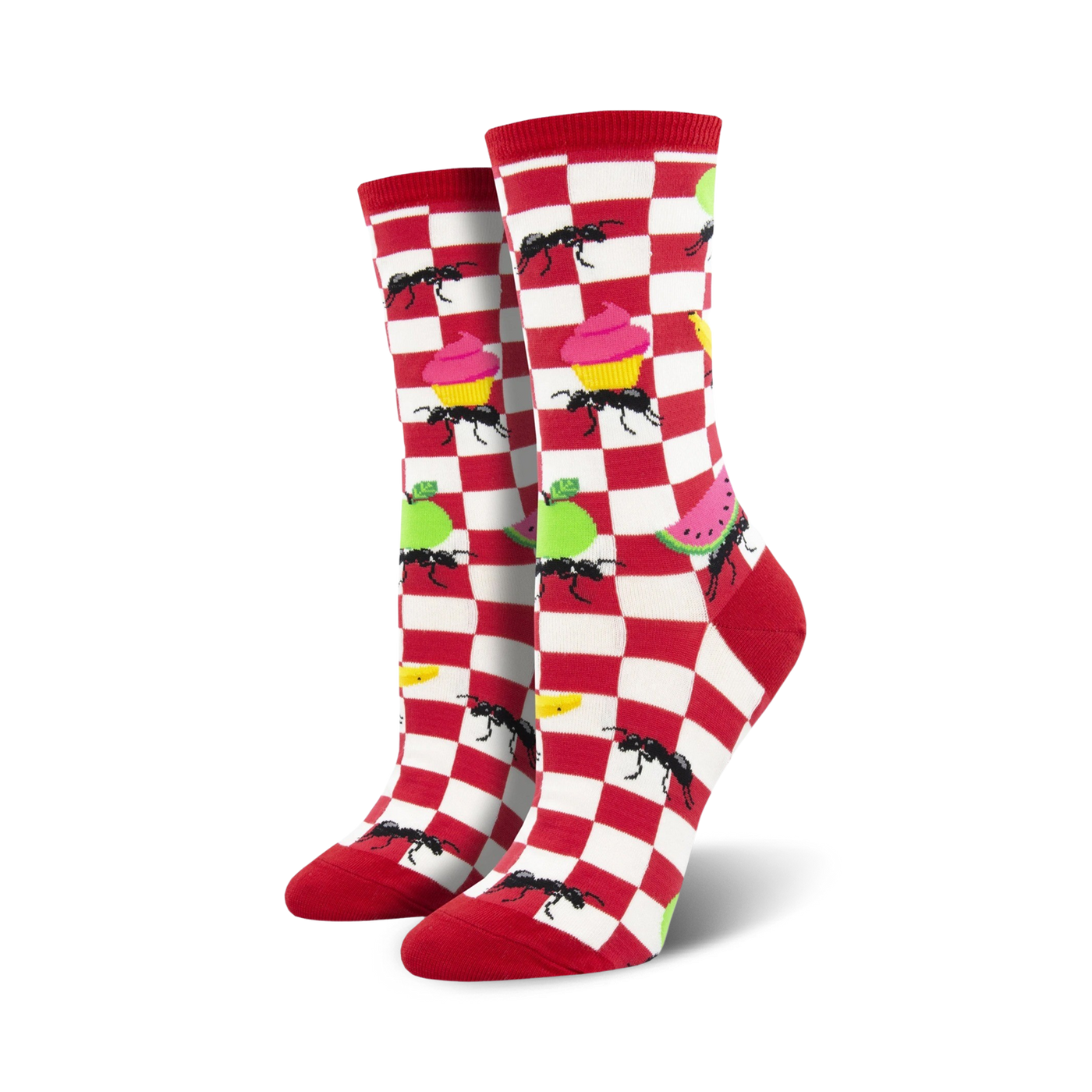 A pair of women's crew socks in red and white checkered pattern.  Features ants, cupcakes, apples, and watermelon.