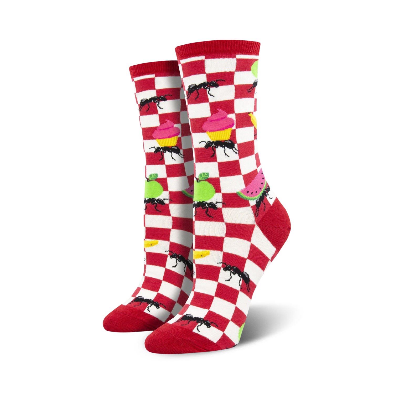 A pair of women's crew socks in red and white checkered pattern.  Features ants, cupcakes, apples, and watermelon.