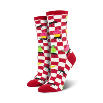 red and white gingham, ants, cupcakes, watermelon, apples, bananas novelty crew socks designed for women with a picnic theme.   