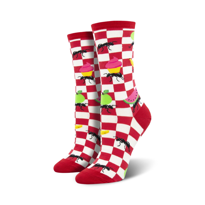 red and white gingham, ants, cupcakes, watermelon, apples, bananas novelty crew socks designed for women with a picnic theme.    }}
