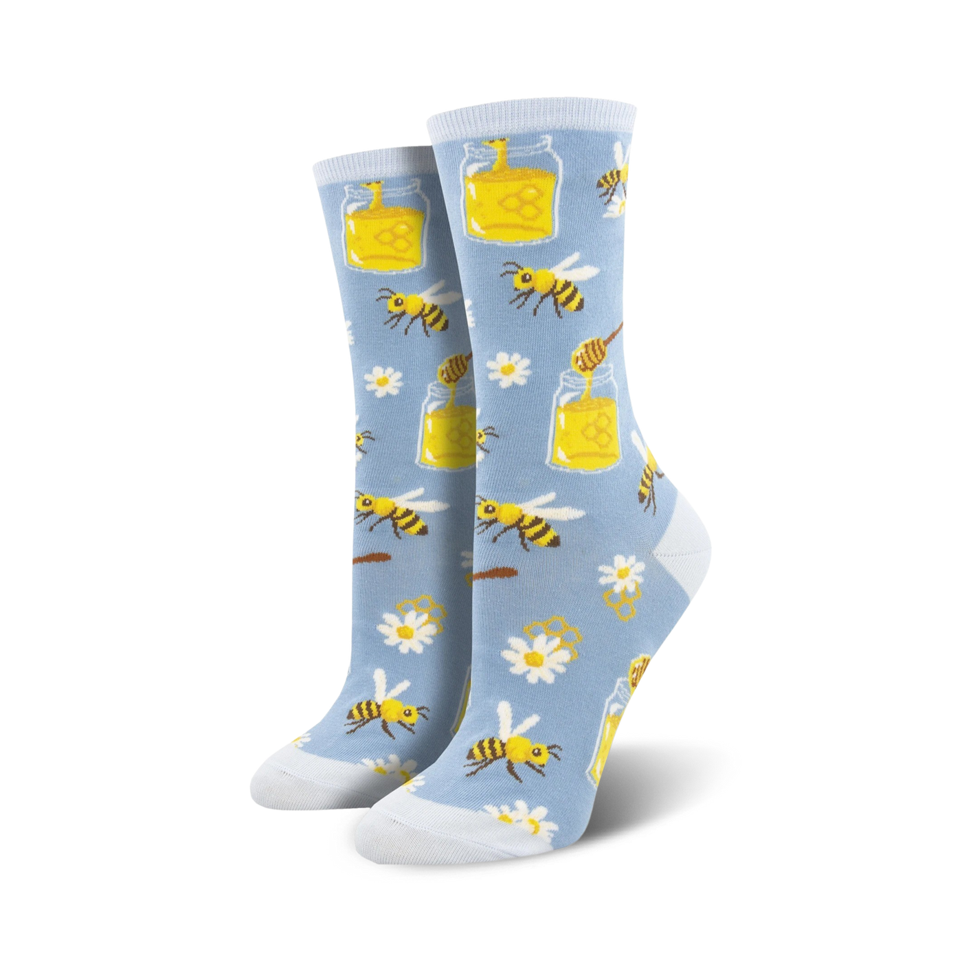 Pair of women's crew socks in light blue and orange. The socks feature a whimsical design of bees, honey jars, daisies and honeycomb.