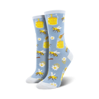 Pair of women's crew socks in light blue and orange. The socks feature a whimsical design of bees, honey jars, daisies and honeycomb.