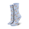 Pair of women's crew socks in light blue.  Features a pattern of small bluebirds perched on branches with tiny pink flowers on a light blue polka dot background.