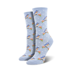 Pair of women's crew socks in light blue.  Features a pattern of small bluebirds perched on branches with tiny pink flowers on a light blue polka dot background.