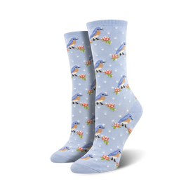 bluebird women's crew socks, repeating pattern of blue birds on pink flowered branches, light blue background with white polka dots.  