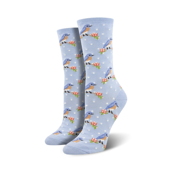 bluebird women's crew socks, repeating pattern of blue birds on pink flowered branches, light blue background with white polka dots.  