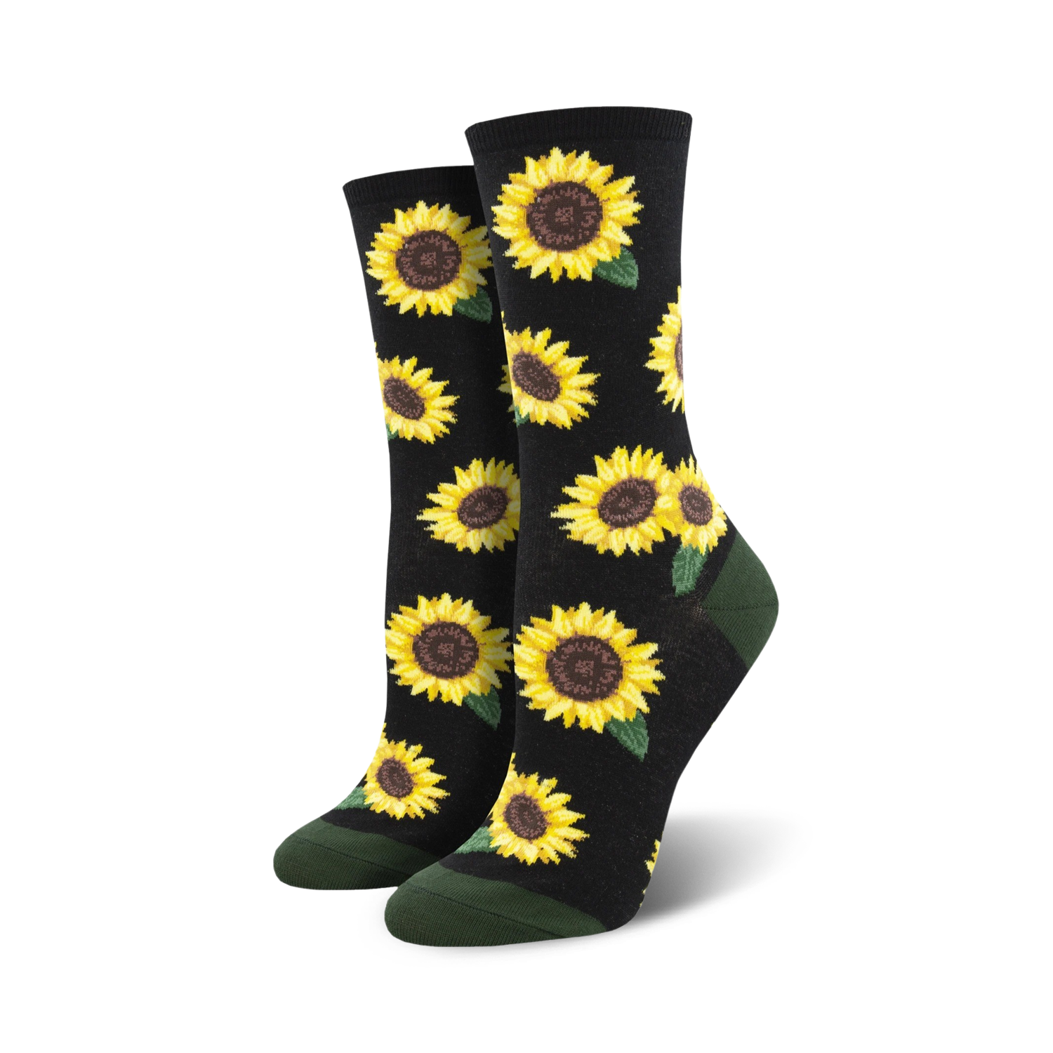 A pair of crew socks with a sunflower pattern. The socks are black with yellow sunflowers and green leaves, and have dark green cuffs.