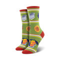 Crew socks in green, red, and yellow feature peaches, sunflowers, market baskets, and bees. 