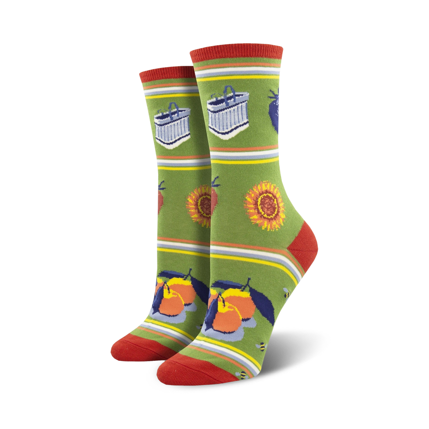 Crew socks in green, red, and yellow feature peaches, sunflowers, market baskets, and bees. 