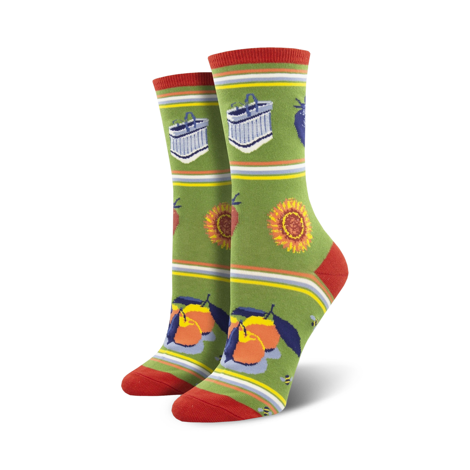 Crew socks in green, red, and yellow feature peaches, sunflowers, market baskets, and bees. 