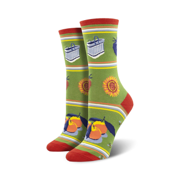 womens crew socks with sunflower, peach, blueberry, and basket design. for everyday wear.  