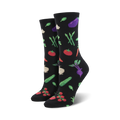 Pair of women's crew socks, black and yellow options, featuring colorful vegetable illustrations like tomatoes, carrots, and eggplant.