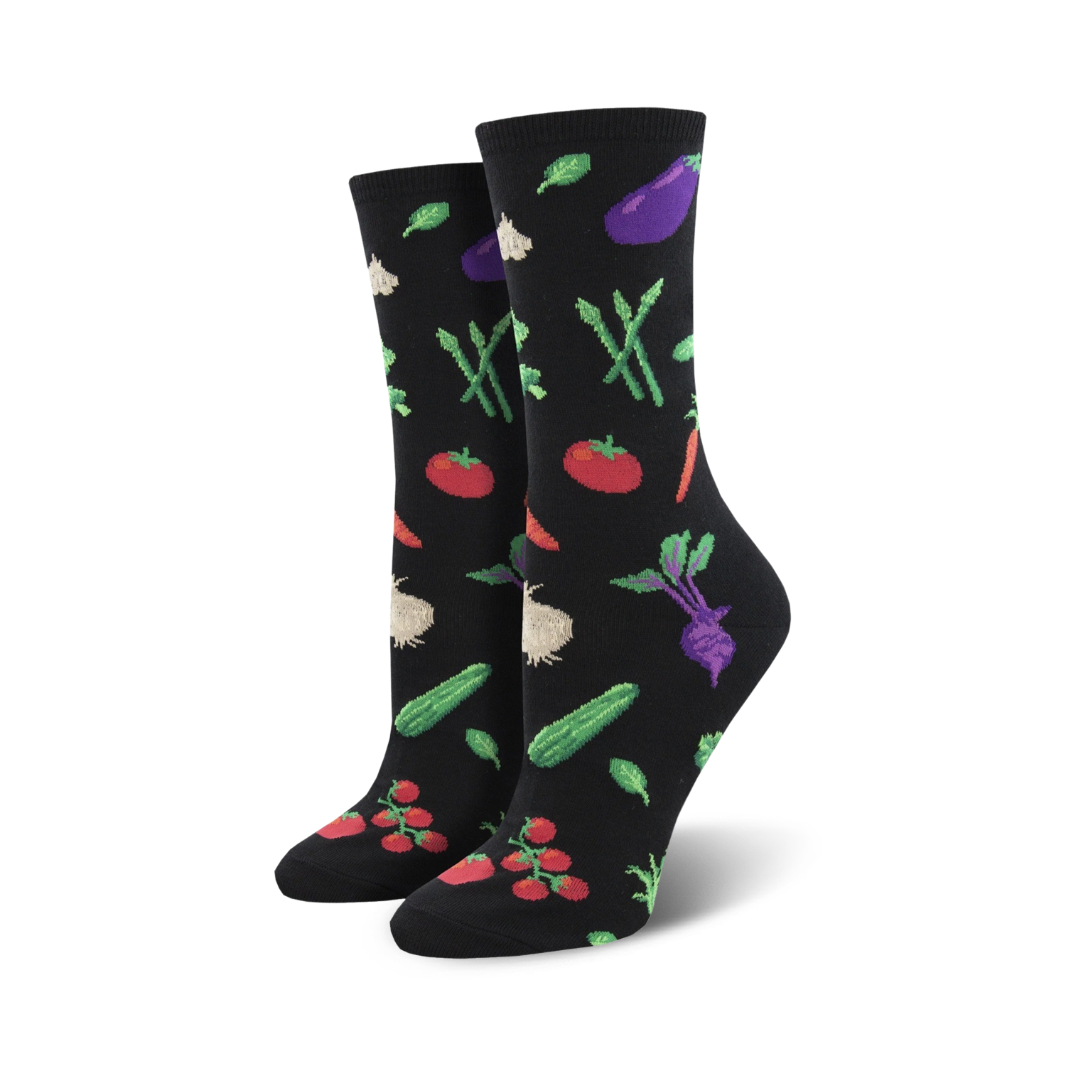 Pair of women's crew socks, black and yellow options, featuring colorful vegetable illustrations like tomatoes, carrots, and eggplant.