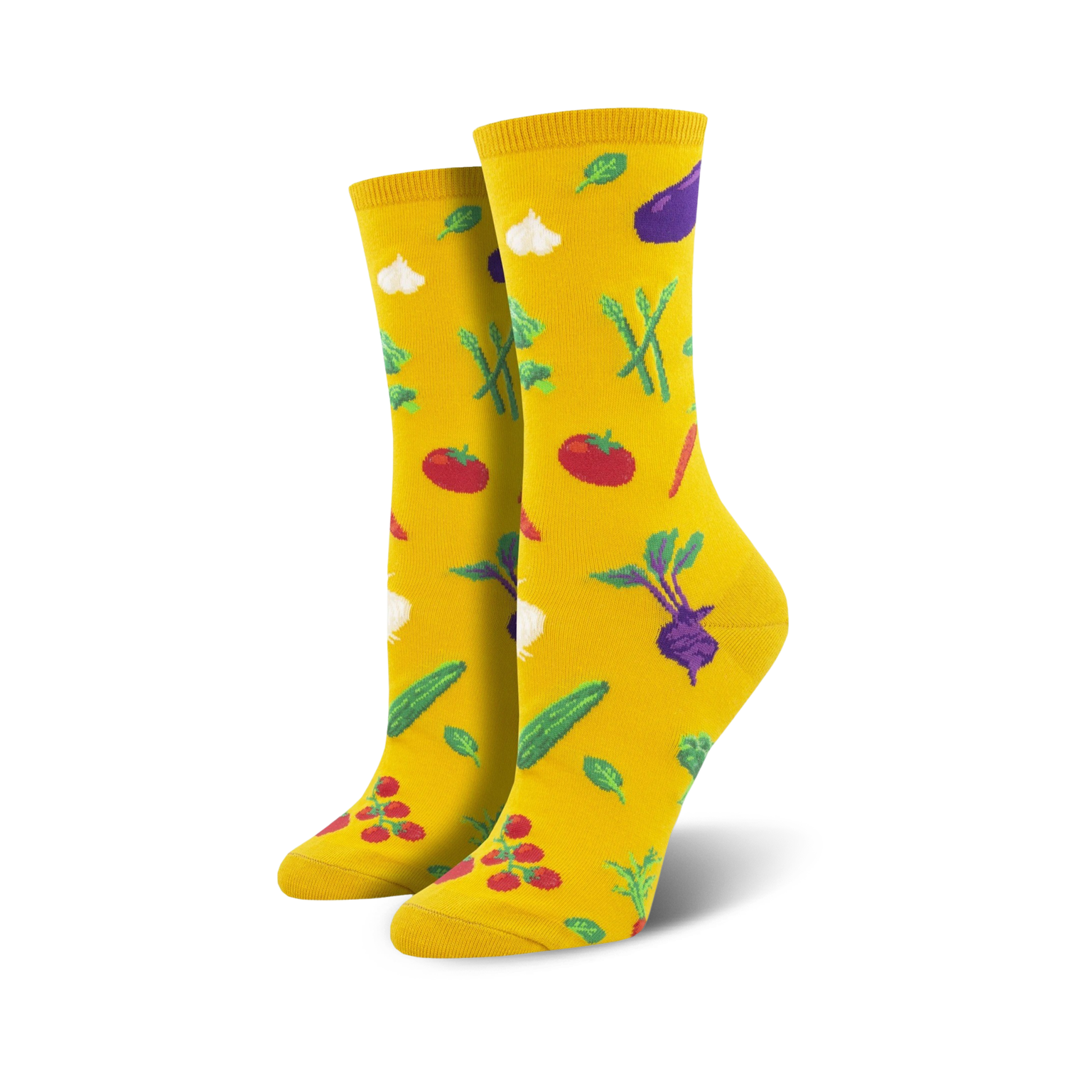 Lifestyle shot showing the yellow Veggie Might socks on a person's feet, highlighting their bright color and fun design.