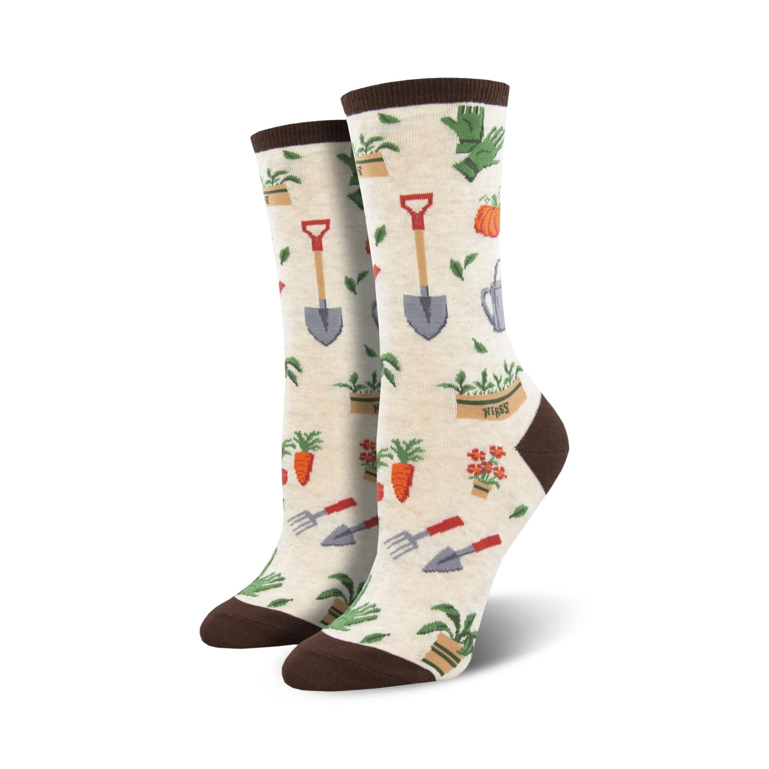 Pair of cream and green crew socks with a whimsical gardening theme.  The design includes carrots, flowers, shovels, and watering cans.