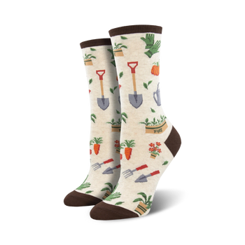 womens crew socks featuring vibrant garden tools and vegetable designs   