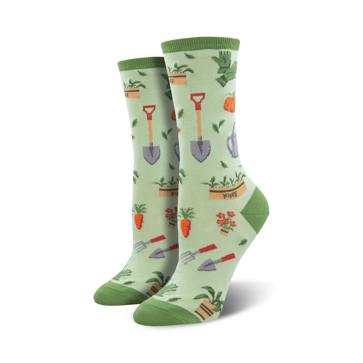 Lifestyle product shot showing the green Hoe Down socks on a model's feet.