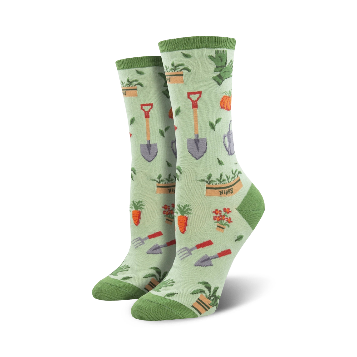 Lifestyle product shot showing the green Hoe Down socks on a model's feet.