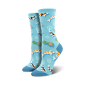 Pair of women's crew socks in light blue. Features colorful Koi fish swimming amongst lily pads and water circles.
