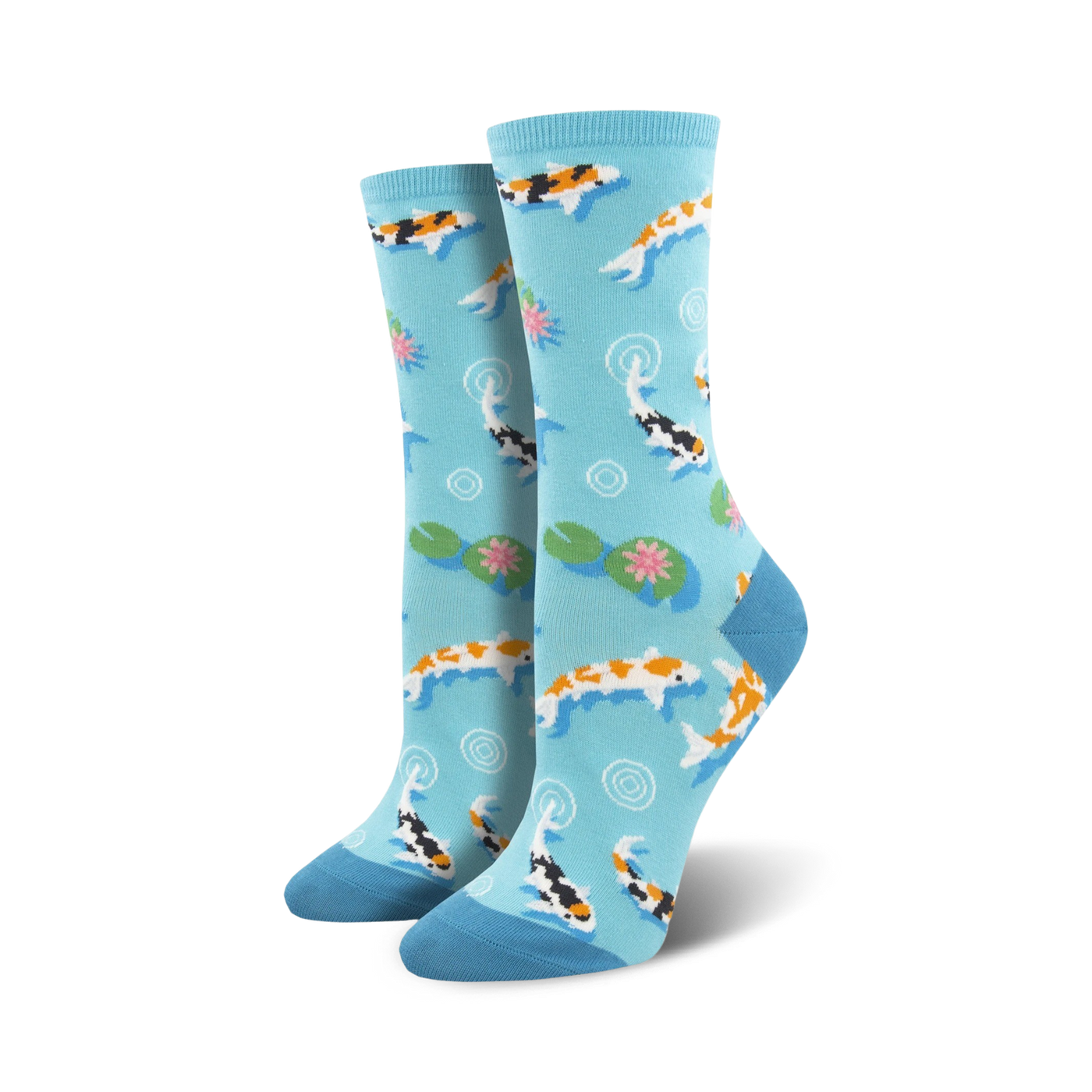 Pair of women's crew socks in light blue. Features colorful Koi fish swimming amongst lily pads and water circles.