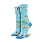 Pair of women's crew socks in light blue. Features colorful Koi fish swimming amongst lily pads and water circles.