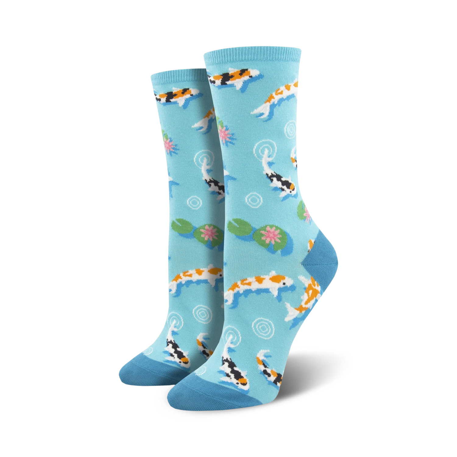 Pair of women's crew socks in light blue. Features colorful Koi fish swimming amongst lily pads and water circles.