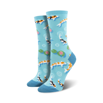 blue crew socks, featuring all-over orange koi fish among green lily pads; every now and zen; comfortable and stylish.   
