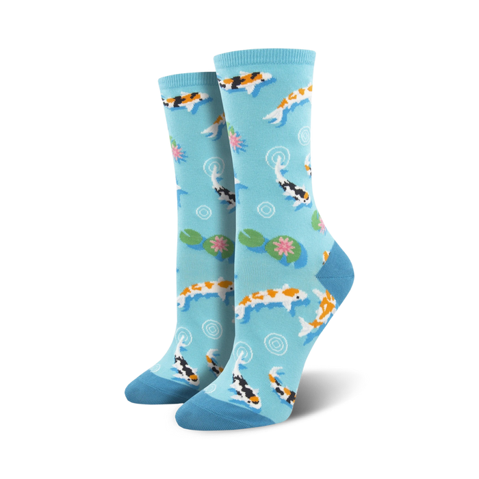 blue crew socks, featuring all-over orange koi fish among green lily pads; every now and zen; comfortable and stylish.    }}
