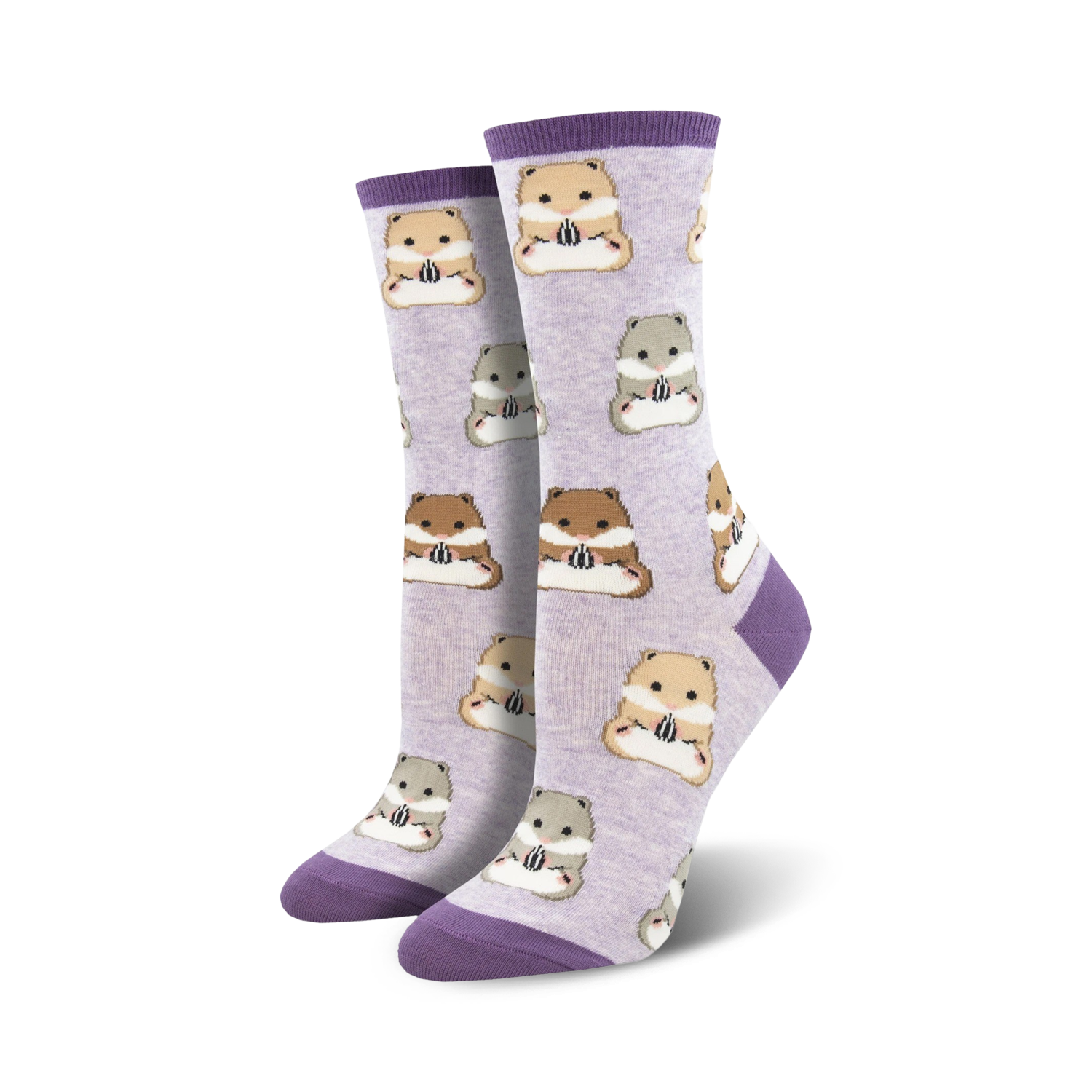 Pair of women's crew socks. Lavender background with repeating pattern of brown, beige and grey hamsters holding sunflower seeds. Purple cuffs.