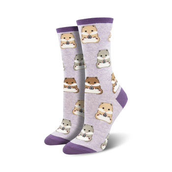 purple crew socks feature a pattern of cartoon hamsters feasting on sunflower seeds.  