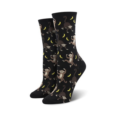 black women's crew socks with brown monkeys holding yellow bananas.  