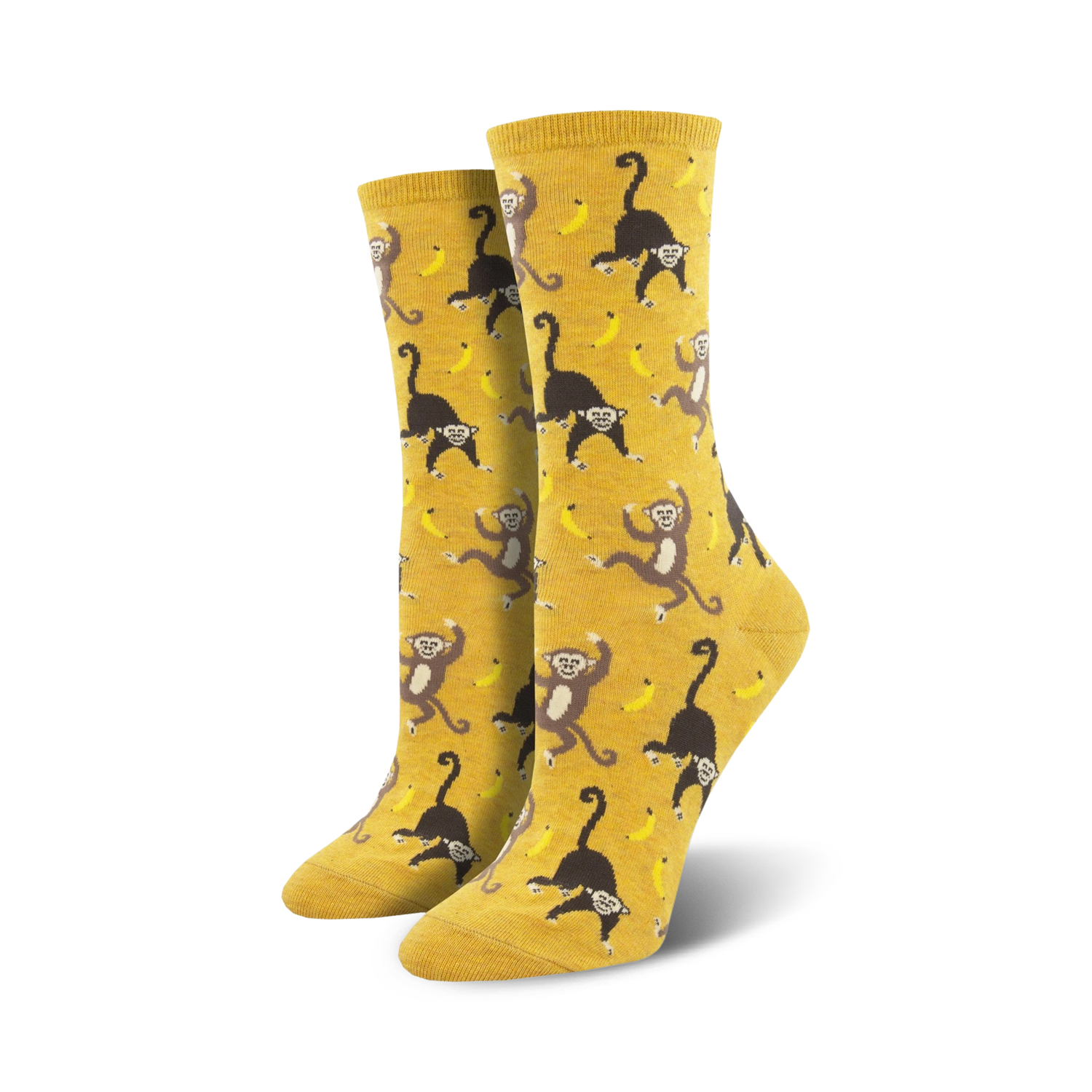 Lifestyle shot showing the yellow 'Going Bananas' socks on a model's feet.