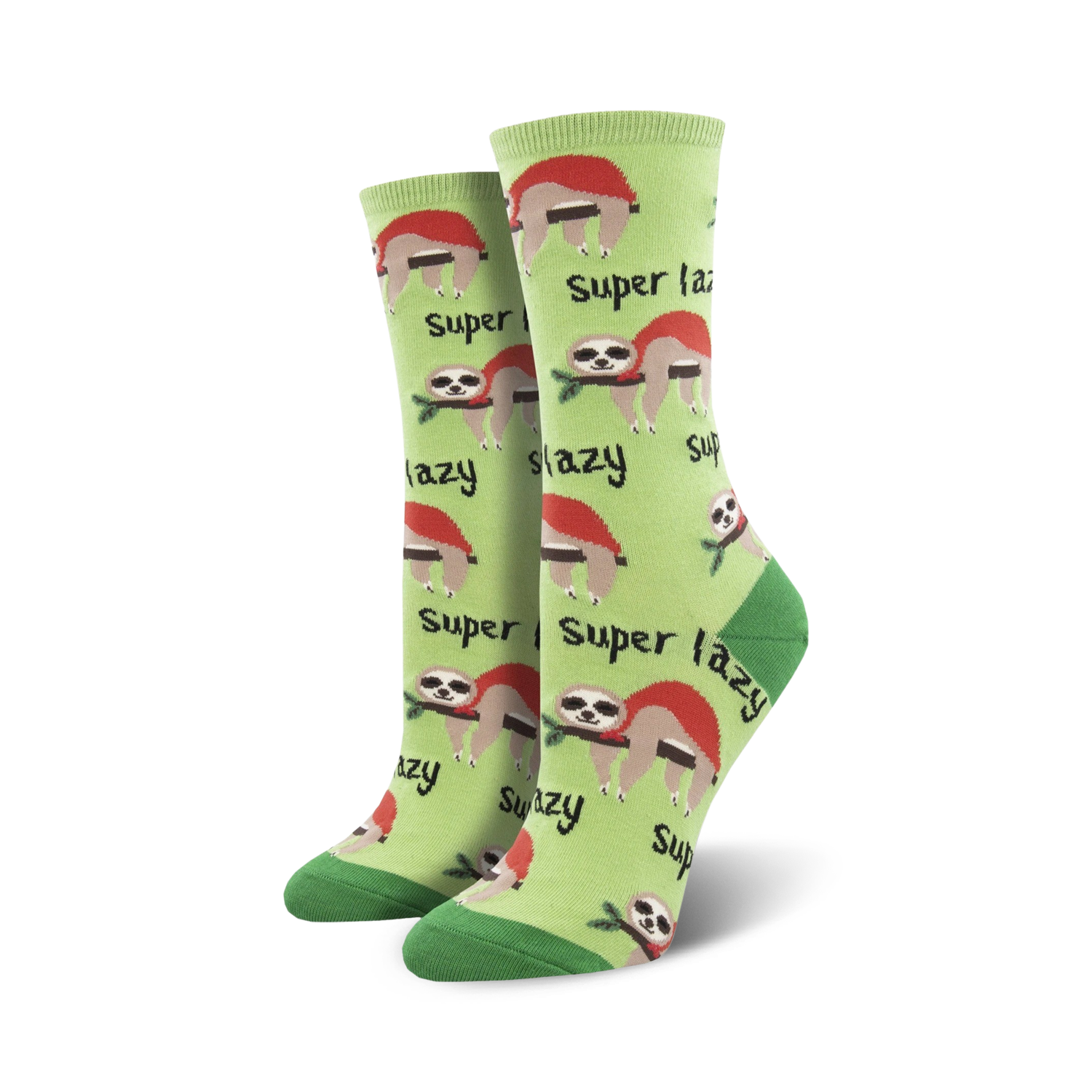 Pair of crew socks; light green background, adorable sloths, and the words 'Super Lazy' repeating. 