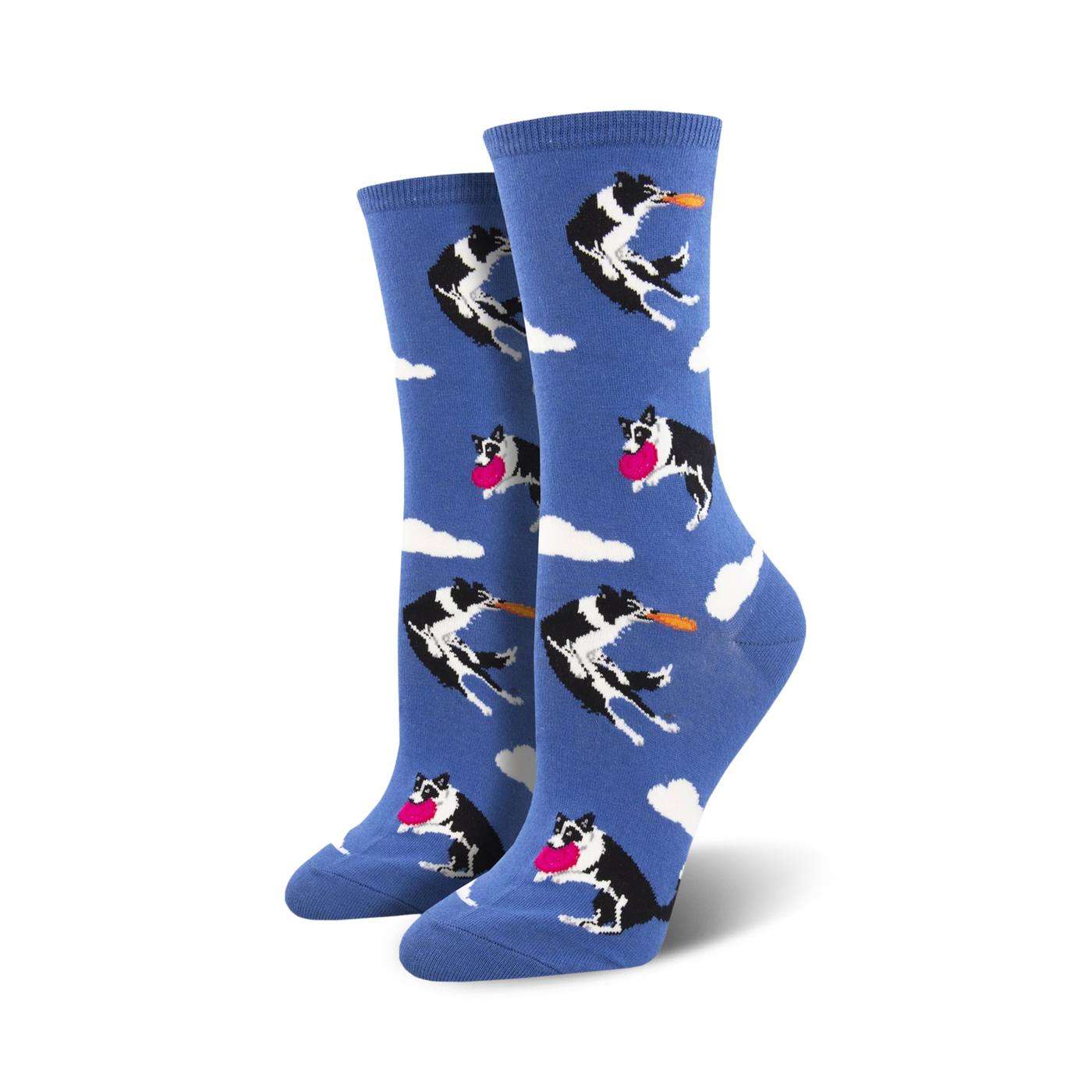 Pair of women's crew socks. Blue background with repeating pattern of black and white border collies catching pink and orange frisbees.