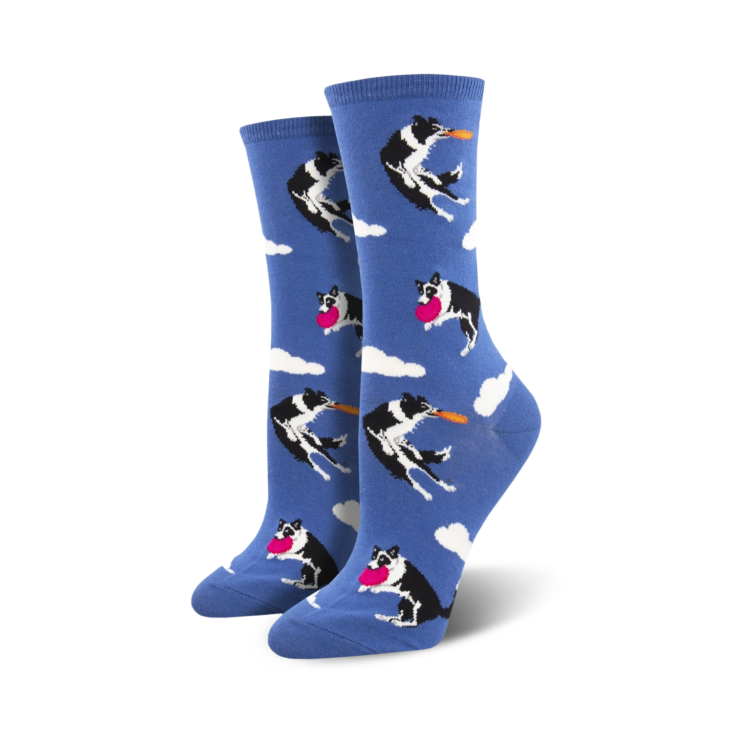 Pair of women's crew socks. Blue background with repeating pattern of black and white border collies catching pink and orange frisbees.