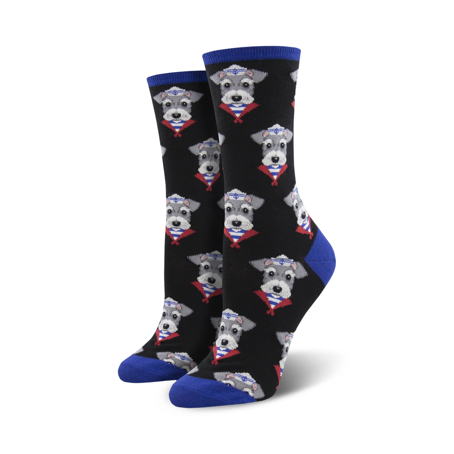 Pair of black crew socks with a repeating pattern of miniature schnauzers wearing sailor hats.  The socks have royal blue cuffs.