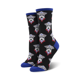 black crew socks with cartoon schnauzers wearing red and white striped shirts, blue collars. fun, whimsical socks for women.  