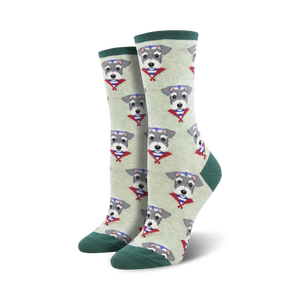 crew length socks with cartoon schnauzer dogs wearing neckerchiefs.   