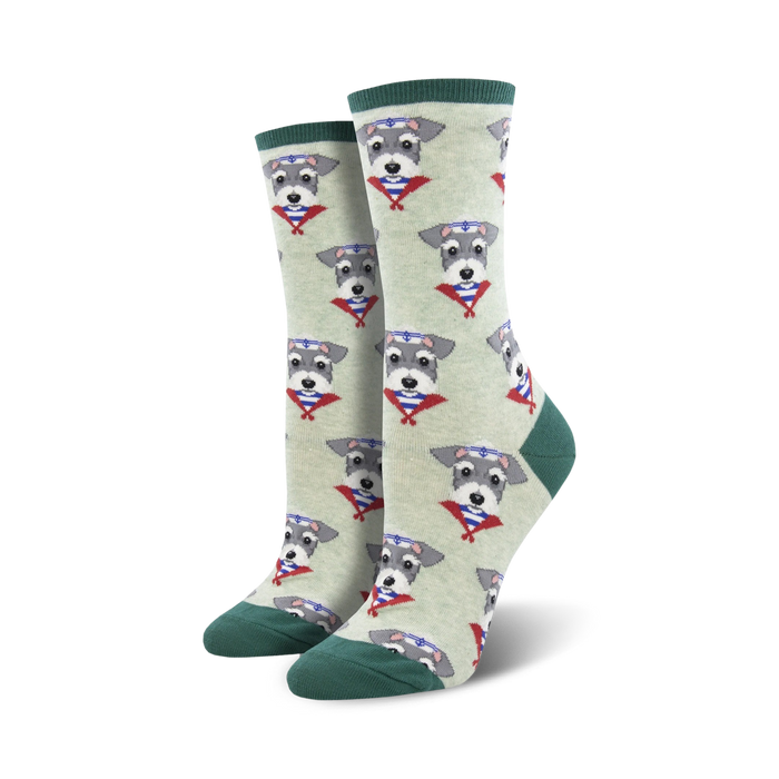 crew length socks with cartoon schnauzer dogs wearing neckerchiefs.   