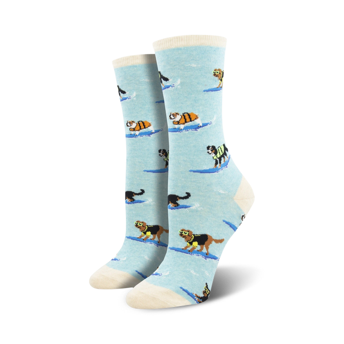 cartoon canines surfing in life vests & shades adorn this unique sock design. kowabonga! 