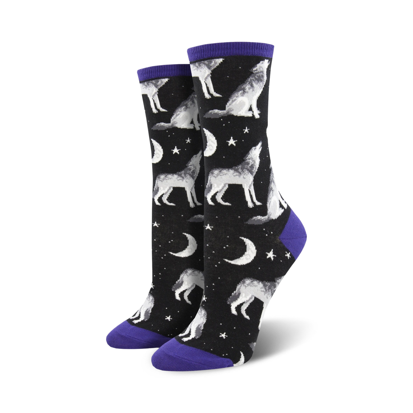 A pair of women's crew socks. Black background with a pattern of howling wolves, moons, and stars. Purple cuffs.