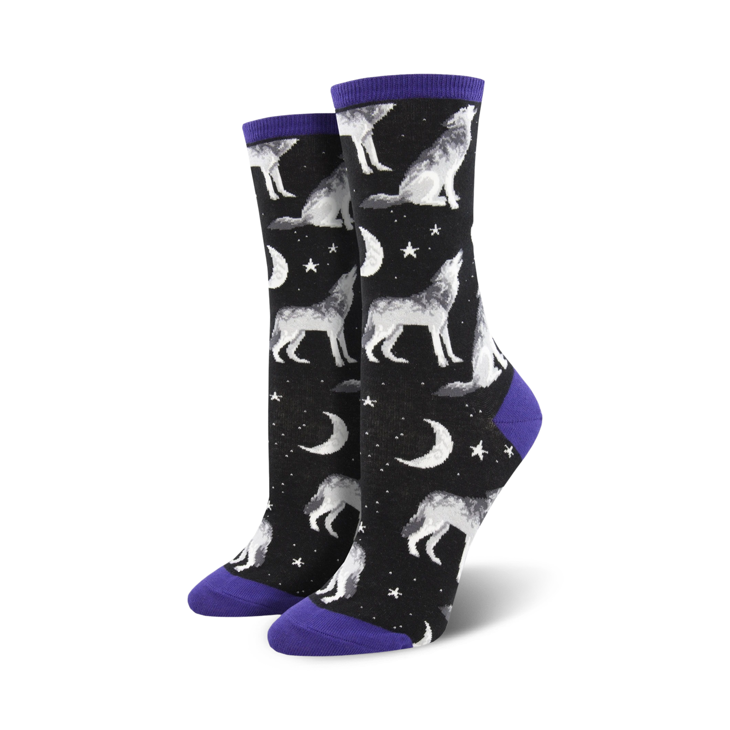 A pair of women's crew socks. Black background with a pattern of howling wolves, moons, and stars. Purple cuffs.