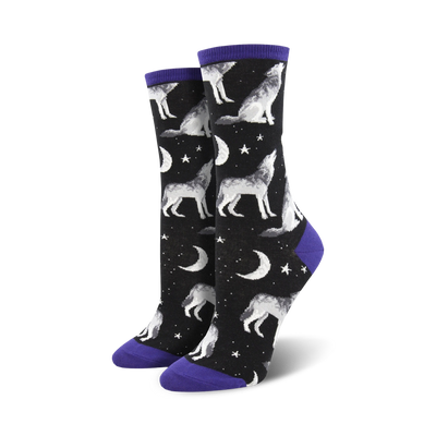 black crew socks with a pattern of white and gray wolves howling at purple stars and crescent moons on a black background.  