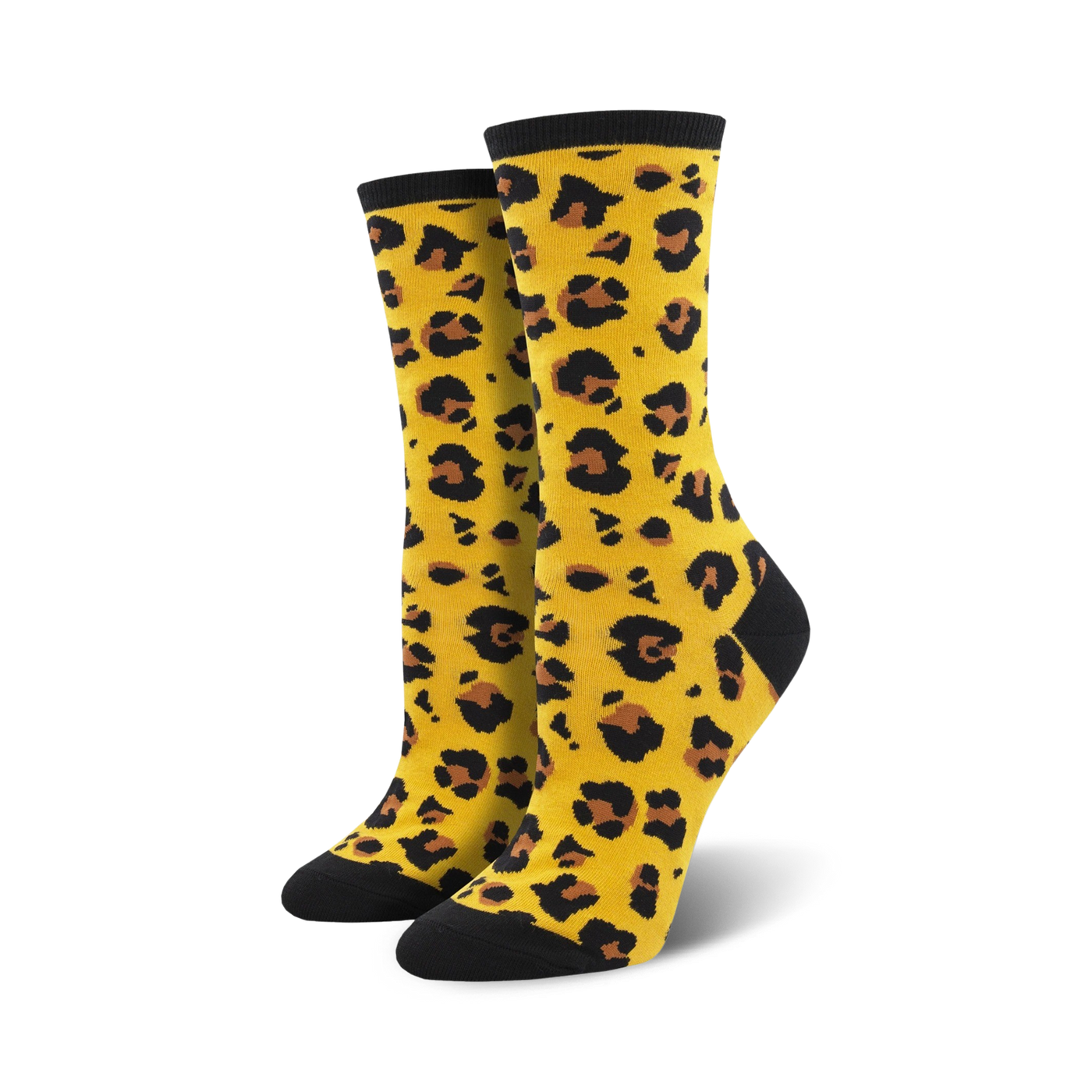 Pair of women's crew socks in mustard yellow with a black leopard print.  Black toe and heel.