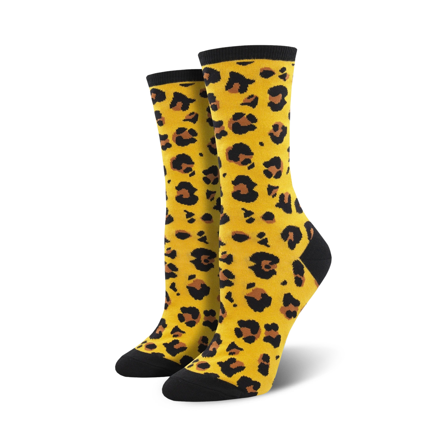 Pair of women's crew socks in mustard yellow with a black leopard print.  Black toe and heel.